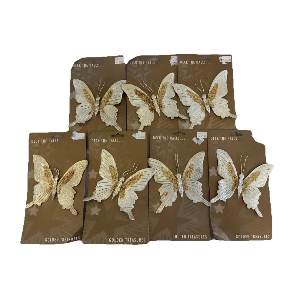 Gold Butterfly Ornaments Glitter Golden Treasures‎ Lot Of 7 1995 Vintage